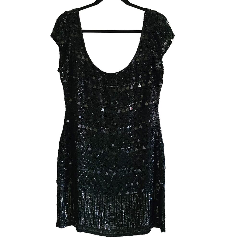 SCALA Black Beaded Sequin Scoop Neck Cocktail Party Mini‎ Dress Women's Size 14